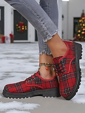 cheap Women's Oxfords-Women's Red Plaid Lace-Up Oxford Shoes, Vintage Tartan Pattern Casual Shoes, Perfect for Christmas Outfits, Winter Fashion &amp; Holiday Gatherings