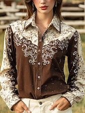 abordables Blusas Florales-Mujer Camisa Blusa Retazos Botones Estampado Graphic Cachemir Abstracto Vintage occidental Casual Manga Larga Cuello Camisero Tops regulares Diario Marrón Beige Verano Primavera Otoño Invierno