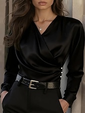  Per donna Camicia Elegant Elegante Top in raso Arricciato Bottoni Drappeggiato Tinta unica Semplice Elegante Vintage Signore Manica Lunga Scollo a V Top Regolari Quotidiano Lavoro Ferie Nero Bianco