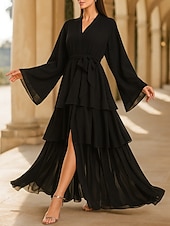 economico Lunghezza del pavimento-Abito da matrimonio a lunghezza terra A-Line Abiti formali Abito a strati Abito per madre della sposa Maniche lunghe Collo a V Elegante Vintage Festa Chiesa Chiffon con rouches a cascata