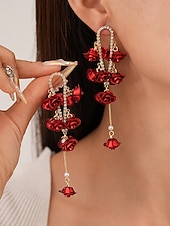 billiga Kvinnors örhänge-Damörhängen med rosblommor, romantiska blommiga smycken med guldkedjor för julfester, högtidsgåvor &amp;festliga kläder