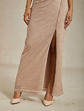 Robe longue en mousseline de soie pour femme, robe portefeuille, robe plissée, paillettes, asymétrique, élégante, formelle, cocktail, mariage, invité, soirée, cocktail, métallique, sans manches, col abordables Robes en chiffon-Robe longue en mousseline de soie pour femme, robe portefeuille, robe plissée, paillettes, asymétrique, élégante, formelle, cocktail, mariage, invité, soirée, cocktail, métallique, sans manches, col