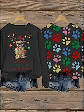 preiswerte Weihnachts-Sweatshirt-Damen Pullover Sweatshirt Grafik Tiermotiv Hund Lässig Langarm Rundhalsausschnitt Normale Oberteile Straße Alltagskleidung Lässig Patchwork Schwarz Weiß Hellgrün Rosa Leicht Blau Herbst Winter