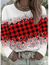 Christmas Women's T Shirt Graphic Geometric Snowflake Vintage Fashion Stylish Long Sleeve Crew Neck Regular Tops Daily Weekend Print Red Fall Winter3
