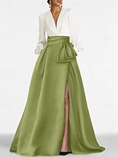 cheap A-Line Evening Dresses-A-Line Sweep Brush Train Evening Gown Ball Gown Formal Dress Elegant High Split Long Sleeve V Neck Formal Wedding Guest Satin with Pleats Slit