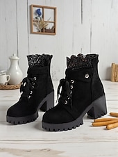 preiswerte Stiefeletten-Braune Damenstiefeletten zum Schnüren mit dickem Absatz und Häkelbesatz, modische Stiefeletten aus Wildlederimitat im Vintage-Stil für lässige Outfits und Outdoor-Events