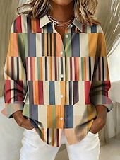 Недорогие Полосатые и геометрические блузки-Жен. Рубашка Блуза Пэчворк Пуговицы С принтом Графика Геометрический принт В клетку Винтаж тропический Повседневные Длинный рукав Рубашечный воротник Обычные топы Повседневные
