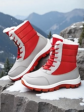 Botas de caminhada de inverno femininas vermelhas com pele sintética – botas de neve duráveis e impermeáveis com blocos de cores para aventuras na neve, perfeitas para viagens de férias baratos Sapatos de Natal Femininos-Botas de caminhada de inverno femininas vermelhas com pele sintética – botas de neve duráveis e impermeáveis com blocos de cores para aventuras na neve, perfeitas para viagens de férias