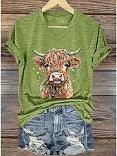 お買い得  動物のTシャツ-女性用Tシャツ グラフィック 動物 牛 ヴィンテージ スタイリッシュ クラシック 半袖 Vネック レギュラー トップス 日常用 プリント ブルー ブラック ホワイト ピンク レッド 夏 春 秋 冬