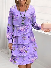 tanie Sukienki na przyjęcia-Wielkanoc Damskie Sukienka do kolan Codzienne sukienki Sukienki szyfonowe Sukienka trapezowa Sukienka warstwowa Elegancja Urlop Elegancki Regularny Kwiaty Długi rękaw Półgolf Rumiany róż Fioletowy
