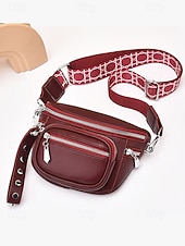 economico Borse a Tracolla-Borsa a tracolla da donna in similpelle bordeaux con tasche multiple con cerniera, tracolla larga e finiture argentate, elegante borsa da viaggio a mani libere per l'uso quotidiano e per gli outfit delle vacanze natalizie