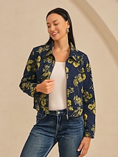  Jeansjacke mit Blumenmuster, lässig, für Urlaub und Alltag, mit Reißverschluss