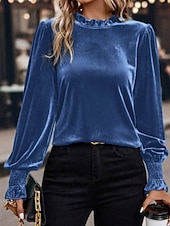 economico Bluse Eleganti-Per donna Velluto Elegant Elegante Blusa Arricciato Semplice Vintage Elegante Manica Lunga Girocollo Top Regolari Quotidiano Ferie Uscire Blu Verde militare Verde Rosa Autunno Inverno