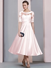 رخيصةأون طول الكاحل-A-الخط طول الساق فستان الحفلة فستان كوكتيل فستان زفاف ضيف فستان أم العروس نصف كم رقبة سكوب أنيق عتيق ضيف حفل زفاف ساتان دانتيل مع روش زينة