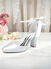 billige Pumps med blokkhæl-dame oransje sateng pumps med blokkhæl og perlemor &amp;bånd ankelstropp - elegante spisse høyhælte sko til bryllup, fester &amp;kveldsarrangementer