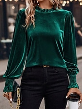 economico Bluse Eleganti-Per donna Velluto Elegant Elegante Blusa Arricciato Semplice Vintage Elegante Manica Lunga Girocollo Top Regolari Quotidiano Ferie Uscire Blu Verde militare Verde Rosa Autunno Inverno