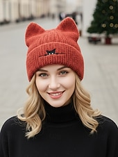 Недорогие Женские шляпы-Женская пушистая вязаная шапка с кошачьими ушками, милая зимняя теплая шапка с вышивкой черного кота, стильный рождественский подарок для девочек и женщин