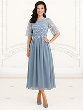 Χαμηλού Κόστους Μήκος δαπέδου-Γραμμή Α Φόρεμα Μητέρας της Νύφης Επίσημο Κομψό Στρογγυλή Ψηλή Λαιμόκοψη Κάτω από το γόνατο Πολυεστέρας Κοντομάνικο με Διακοσμητικά Επιράμματα