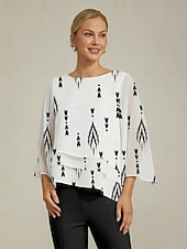 damblus vit blommig 3/4-ärm lös rund hals casual elegant semester vår sommar höst billiga skjortor, toppar och blusar-damblus vit blommig 3/4-ärm lös rund hals casual elegant semester vår sommar höst