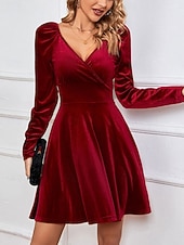 Świąteczna sukienka mini z weluru dla kobiet sukienka w kształcie litery A elegancka na przyjęcia koktajlowa na świeżym powietrzu regularne dopasowanie jednolity kolor długi rękaw dekolt w serek tanie Sukienki świąteczne-Świąteczna sukienka mini z weluru dla kobiet sukienka w kształcie litery A elegancka na przyjęcia koktajlowa na świeżym powietrzu regularne dopasowanie jednolity kolor długi rękaw dekolt w serek