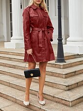 billiga Jackor i konstläder-Dam Imitationsläderjacka Trenchcoat Bekväm Knappar Ledigt Slät Utomhus Semester Helgdag Utekväll Lång Nedvikt Normal Långärmad Ytterkläder Svart Vin Kamel Vår Höst