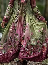 tanie Sukienki kwiatowe-Maxi sukienka dla kobiet sukienka w kształcie litery A sukienka dopasowana i rozkloszowana vintage boho na randkę regularny krój kwiatowy nadruk długi rękaw dekolt w serek zielona wiosna jesień zima