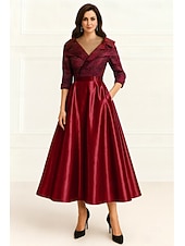 cheap Ankle Length-A-Line Tea Length Party Dress Cocktail Dress Wedding Guest Dress Mother of the Bride Dress 3/4 Length Sleeve V Neck Elegant Formal Wedding Guest with Side-Draped