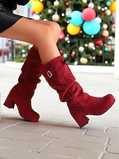 cheap Fashion Boots-Women's Red Suede Slouch Boots with Buckle Detail, Chunky Block Heel, Stylish and Comfortable, Perfect for Winter, Christmas and Casual Occasions