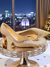 abordables Bombas Clásicas-Zapatos de tacón de punta puntiaguda con purpurina dorada y ribete de diamantes de imitación para mujer, elegantes zapatos de tacón medio para ocasiones formales y cócteles. &amp;eventos nocturnos