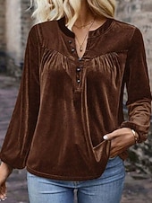 billiga Enkla blusar-Dam Sammet Elegant Blus Knappar Ensfärgat Slät Elegant Stylish Ledigt Långärmad V-hals Vanliga toppar Dagligen Helgdag Utekväll Blå Brun Vår Höst