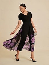 Недорогие повседневное платье-Женский комбинезон из черного тенселя, шифона, вставки из искусственного струящегося материала, с цветочным принтом и V-образным вырезом, для вечеринки, отпуска, весны и лета