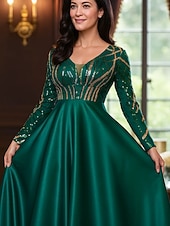 preiswerte Bodenlänge-A-Linie Bodenlang Kleid für Hochzeitsgäste Abendkleid Flattriges Kleid Brautmutterkleid Langarm V Ausschnitt Rundausschnitt Elegant Glanz &amp; Glamour Formell Formeller Abend Hochzeitsfeier Tüll mit