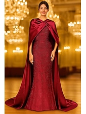 preiswerte Ballkleider-Schlauchkleid Bodenlang Ballkleid mit Cape Abendkleid Festliche Kleidung Elegant Vintage Glitzernd Ärmellos Rundhalsausschnitt Formell Hochzeit Champagnerfarbenes Brautmutterkleid Satin