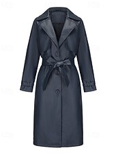 billiga Jackor i konstläder-Dam Imitationsläderjacka Trenchcoat Bekväm Ficka Knappar Ledigt Slät Semester Dagliga kläder Utekväll Helgen Lång Nedvikt Normal Långärmad Ytterkläder Marin Svart Kamel Vår Höst