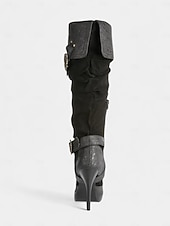 abordables Medieval &amp; Renacimiento-Botas medievales marrones por encima de la rodilla para mujer con tacones de aguja altos y diseño de correa con hebilla, botas de moda de estilo renacentista vintage para fiestas de disfraces, cosplay