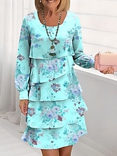 tanie Sukienki na przyjęcia-Wielkanoc Damskie Sukienka do kolan Codzienne sukienki Sukienki szyfonowe Sukienka trapezowa Sukienka warstwowa Elegancja Urlop Elegancki Regularny Kwiaty Długi rękaw Półgolf Rumiany róż Fioletowy