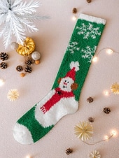 tanie Akcesoria świąteczne-Damskie, świąteczne, puszyste, sięgające do kolan skarpetki, ciepłe i przytulne, zimowe, domowe pończochy z odświętnym, czerwono-zielonym wzorem w gwiazdki, idealne na świąteczny relaks &amp;prezenty