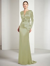 ieftine Rochii de seară tip sheath-Coloană Teacă Lungime Podea Rochii de bal Rochii de seara Rochie De Bal Rochie formală Elegant Epocă Mătăsos Manșon Lung Bijuterie Crăciun Oficial Satin cu Aplică