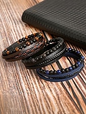 cheap Men&#039;s Jewelry-Men&#039;s Alloy Faux Leather Beaded Bracelet Set, Multi-Layer Braided Wristband with Magnetic Clasp, Fashion Punk Jewelry for Casual, Party &amp; Gift