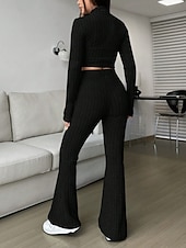 cheap Women's Blouse Suits-Women's Pants Sets Bolero Top Long Sleeve Shirt Collar Solid Color Zipper Fashion Streetwear Casual Daily Outdoor Black Wine Camel Spring Slim