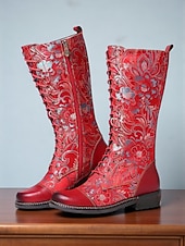 economico Barocco &amp; Dichiarazione-stivali alti fino al ginocchio da donna, con lacci ricamati rossi, con tacco a blocco, anni '50 – stivali in pelle con motivo floreale per abbigliamento casual e stile western