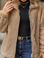 levne Sherpa bundy-Dámské Zimní kabát Teddy Coat Zahřívací Pohodlné Zip Kapsy Na běžné nošení Pevná barva Vánoce Dovolená ulice Ležérní Standardní Přehnutý Běžný Dlouhý rukáv Svrchní oděvy Černá Rubínově červená Khaki