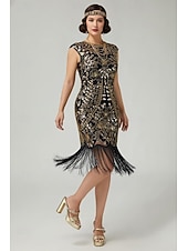 cheap 1920s Dresses-Roaring 20s 1920s Knee Length Flapper Dress Cap Sleeves The Great Gatsby Sequins Fringe Scoop Neck Fancy Dress Women's Christmas Carnival speakeasy Masquerade Retro Theme Party Adults' Dress