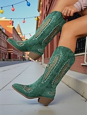 Недорогие Ковбой и западные ботинки-Женские ковбойские сапоги в стиле вестерн из зеленой замши с вышивкой и массивным каблуком — модные ковбойские сапоги в стиле бохо для рождественских фестивалей, уличной моды и повседневных мероприятий