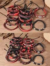 levne Pánské šperky-Pánská sada náramků z umělé kůže, červeno-černé tkané náramky s detaily zlého oka a korálků, stylové na Vánoce, různé vzory