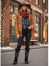 Недорогие Ковбой и западные ботинки-Женские ковбойские сапоги в стиле вестерн из зеленой замши с вышивкой и массивным каблуком — модные ковбойские сапоги в стиле бохо для рождественских фестивалей, уличной моды и повседневных мероприятий