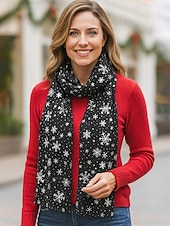 abordables Bufandas de mujer-Bufanda navideña de copo de nieve para mujer, diseño festivo en rojo y blanco con copos de nieve metálicos, material de poliéster suave, perfecta para fiestas navideñas y ropa de invierno.