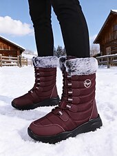 economico Stivali di neve e inverno-stivali da neve invernali da donna a metà polpaccio color bordeaux con finiture in pelliccia sintetica, stivali da esterno impermeabili e isolanti per escursionismo e sci &amp;tempo freddo