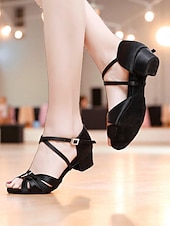 economico Scarpe da ballo per bambini-Scarpe da ballo latino in raso marrone da donna per bambini, comode scarpe da ballo da sala con tacco basso e cinturini incrociati &amp;fibbia, ideale per l'allenamento di danza dei bambini &amp;concorsi