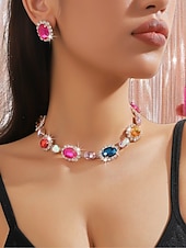 halpa Naisten kaulakoru-Naisten värikäs kristallikorusetti, kimalteleva strassi kaulakoru ja korvakorusetti juhliin, häihin &amp;iltatilaisuudet, ylelliset asusteet